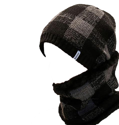 Unisex Grey & Black Checked Beanie With Neck Warmer